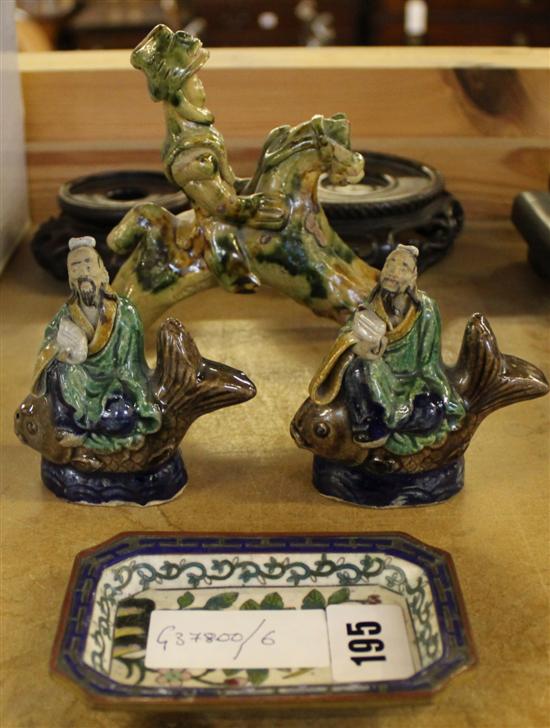 Sancai glaze pottery mounted warrior, 2 similar figure groups, enamel dish & 2 hardwood stands